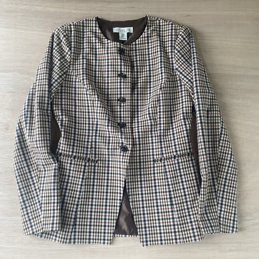 Rachel Zoe Plaid Collarless Button Down Blazer with Adjustable Waist Size M